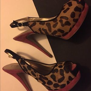 Guess leopard and red/magenta sling backs